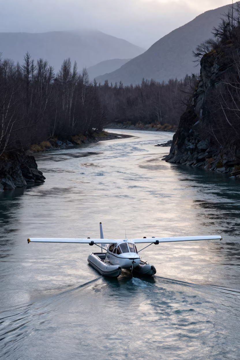 Floatplane Dawn Approach Patagonia River in along a switchback approach in Patagonia