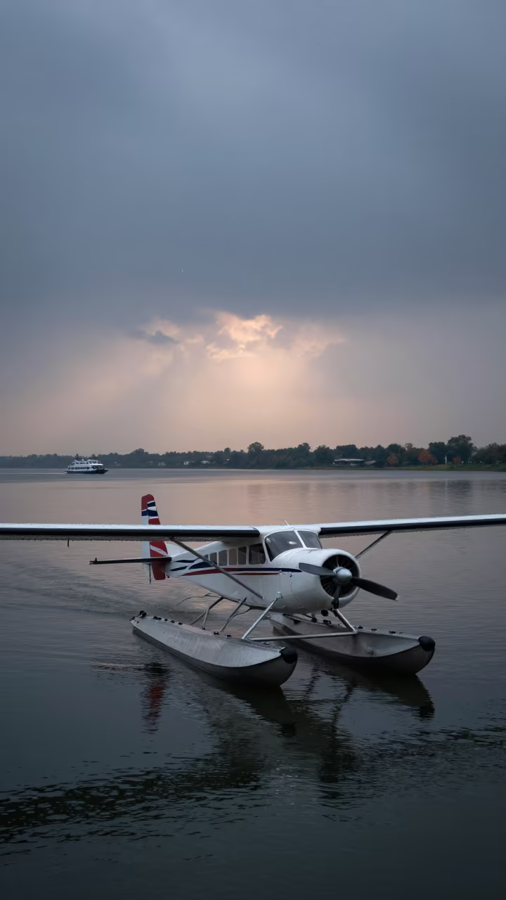 Floatplane Lands on Lake Before Dawn in across a remote ferry crossing near Muzaffargarh