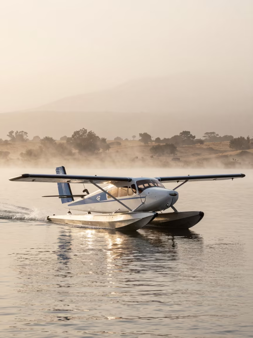 Floatplane Lifts Off Golden Hour Namibian Mist in beside a fogbound harbor mouth in Namibia