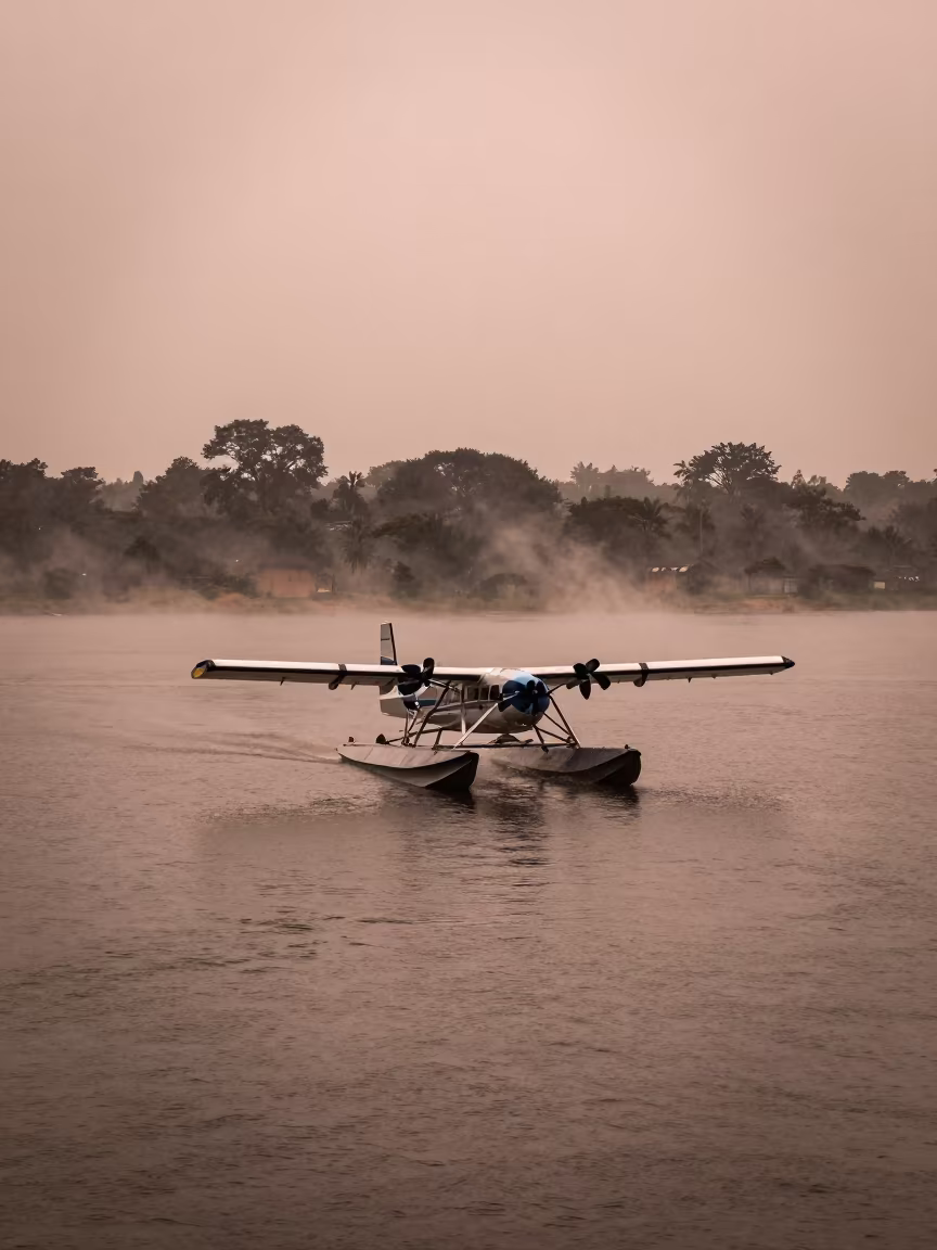 Floatplane Lifts Off Over Misty Lake Near Bangalore in near Bangalore