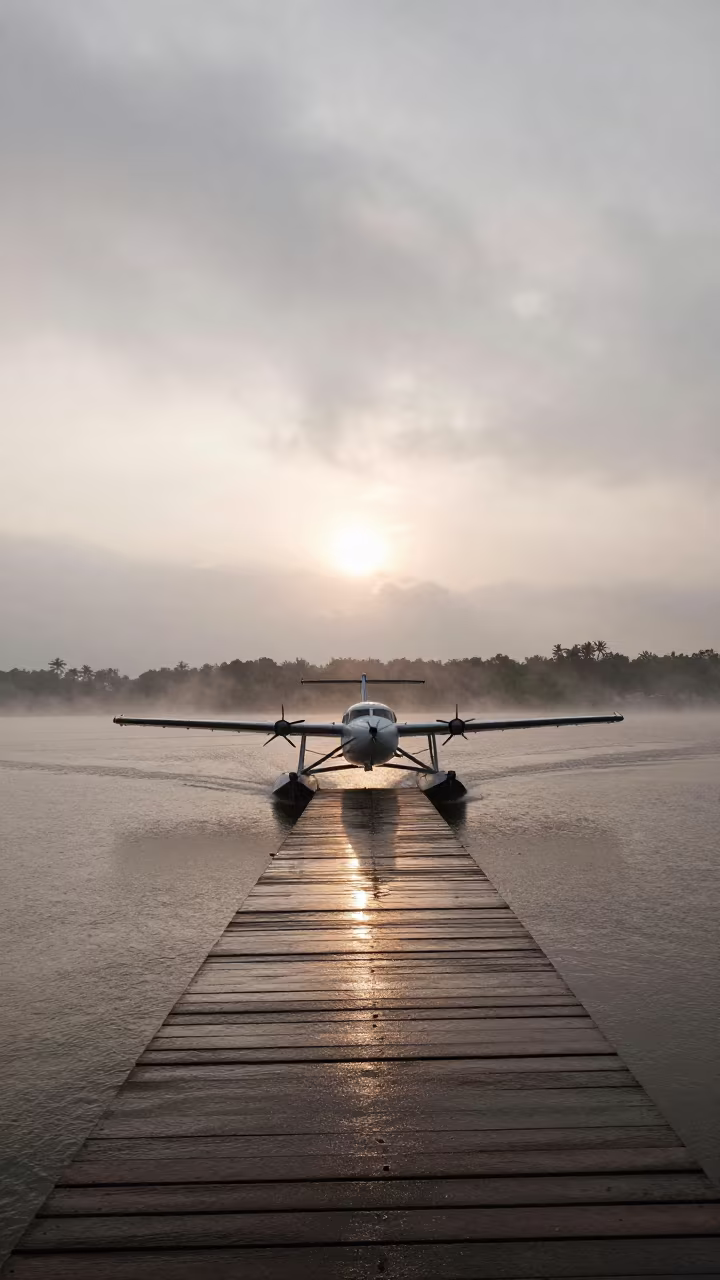 Floatplane Taking Off at Dawn Over Misty Lake in on a wind-open causeway in Indonesia