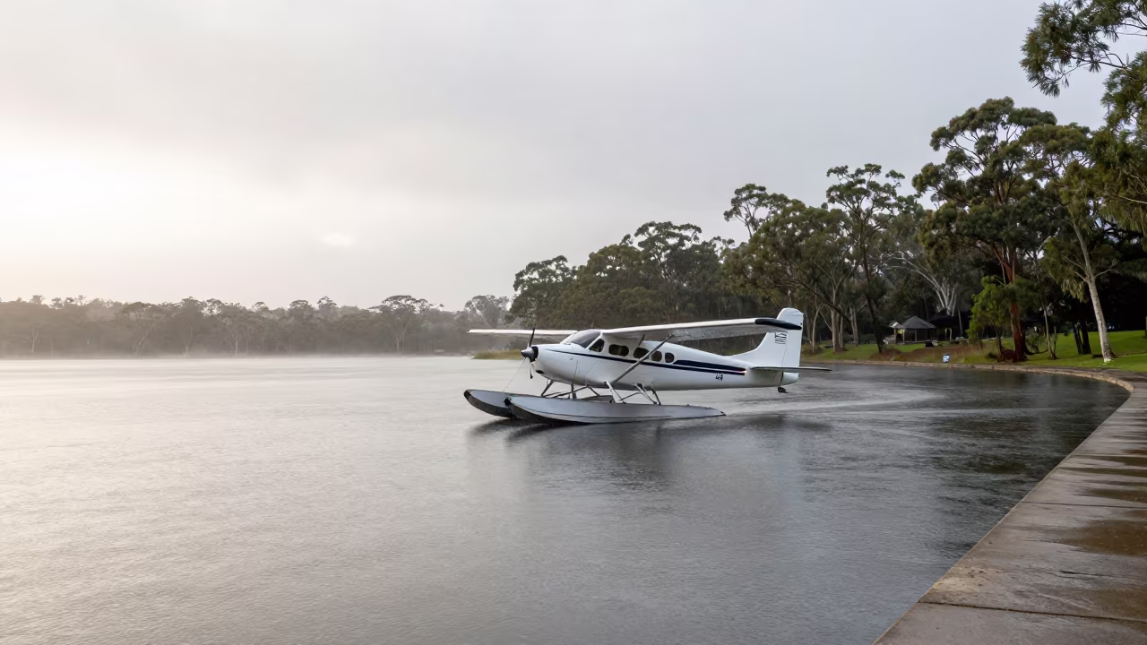 Floatplane Takes Off Over Misty Queensland Lake in on a wind-open causeway in Queensland