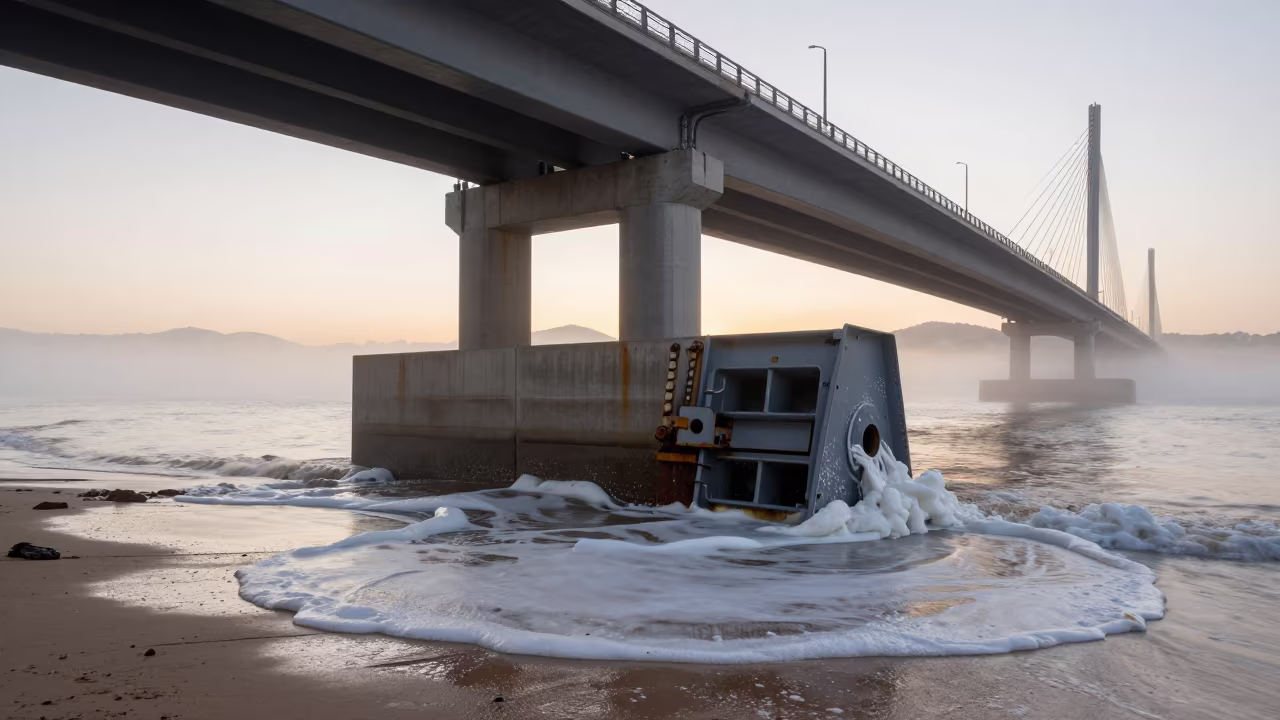 Flood Barrier Hinge in King Tide Foam at Sunrise in under a cable-stayed bridge span in Ibiza