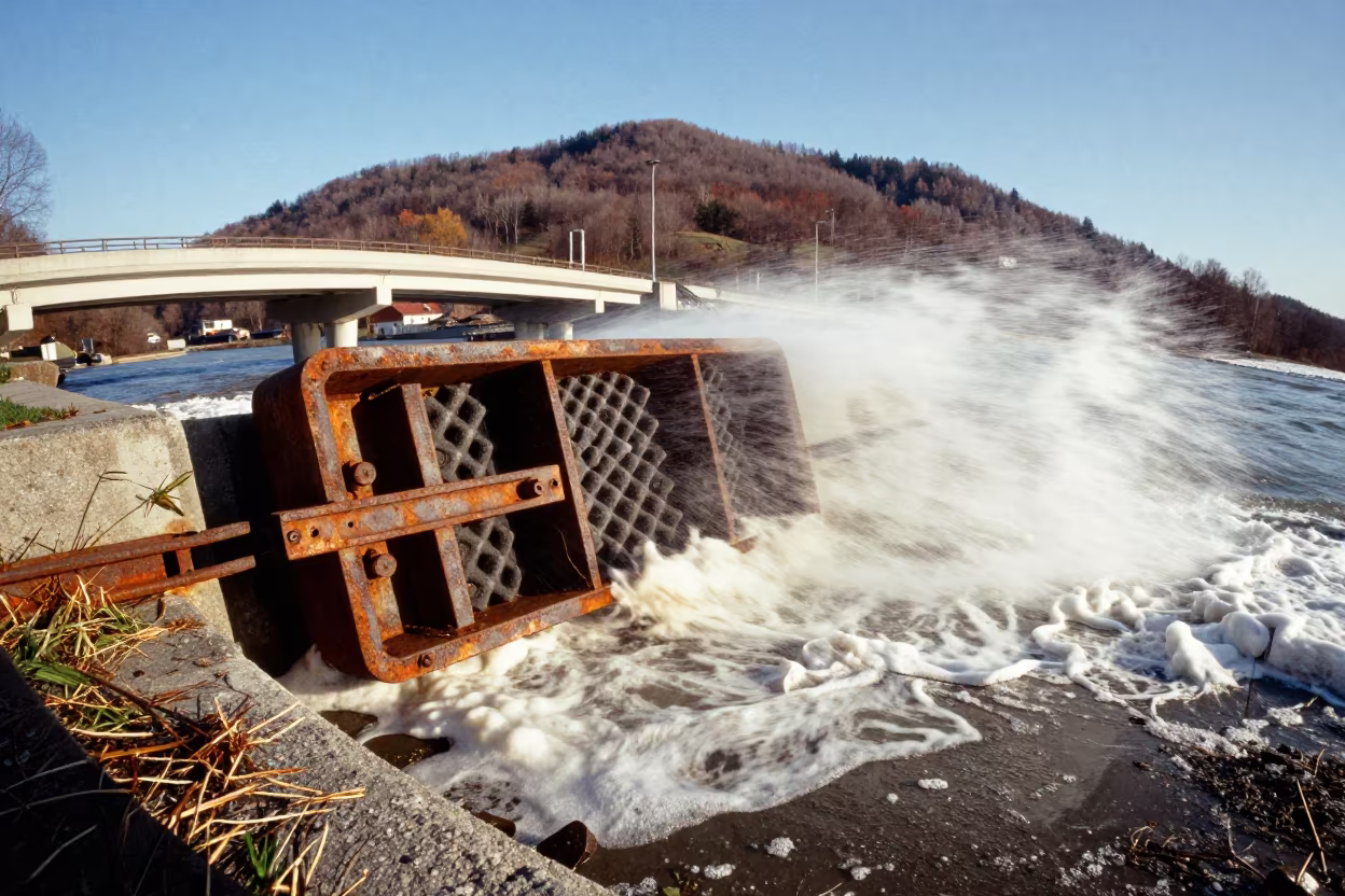 Flood Barrier Hinge in King Tide Foam in across a windy overpass interchange near Koszalin