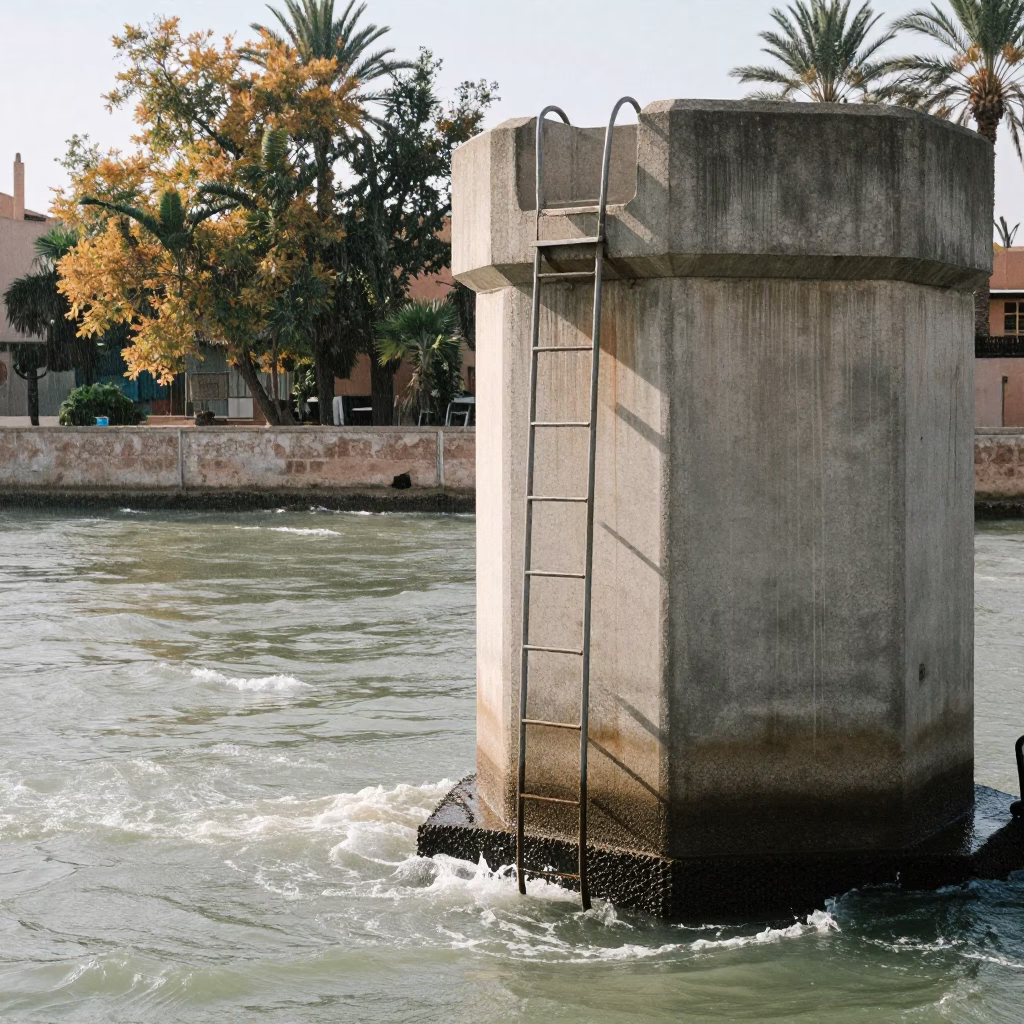 Flood Barrier Stair Tower Over Choppy Estuary in beside a water tower ladder in Marrakech