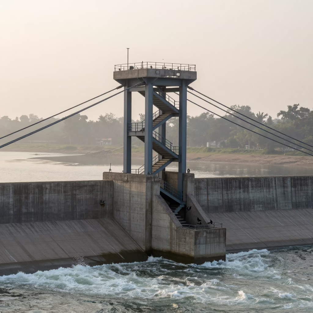 Flood Barrier Tower Over Jharkhand Estuary Dawn in along a dam spillway in Jharkhand