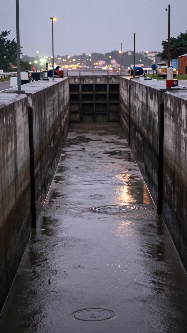 Flood Barrier Wall in Senegal Canal Lock Rain in at a canal lock chamber in Senegal