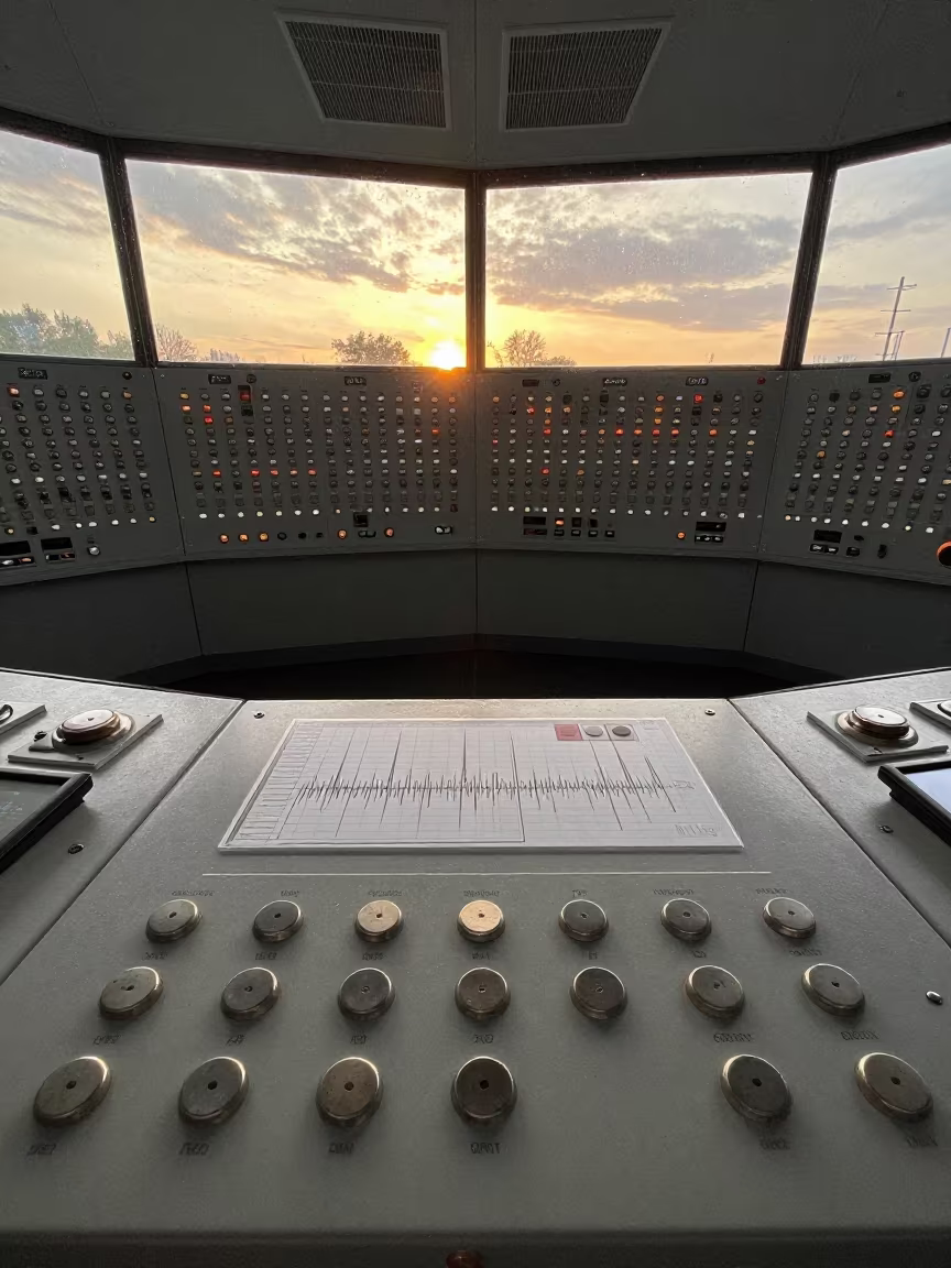 Flood Control Room Grid of Buttons at Sunset in beside a storm surge barrier in Nuremberg