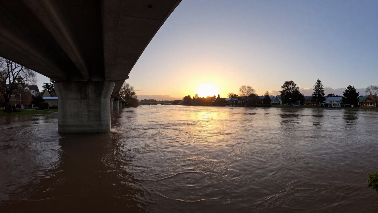 Flood Current in Christchurch at As The Sun Drops Toward The Horizon in in Christchurch, New Zealand