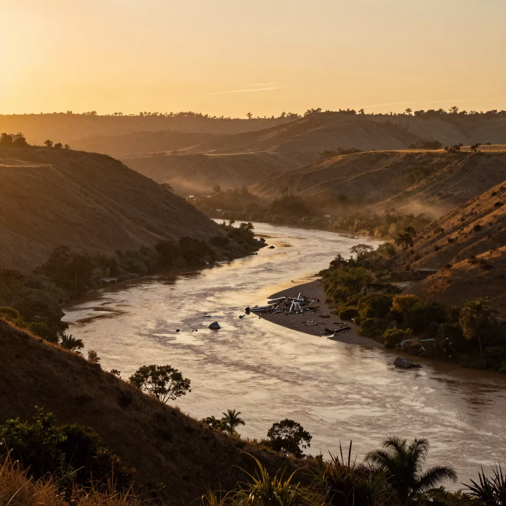 Flood Debris River at Sunset Ridge View in from a ridge above layered foothills in the Great Barrier Reef