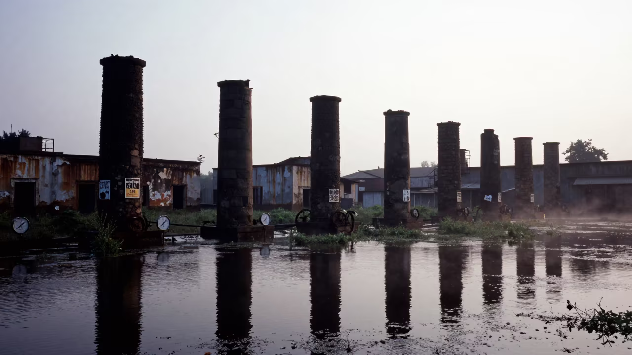 Flooded Boiler Room Ruins in Kano Wet Season in among toppled columns and nettles near Kano