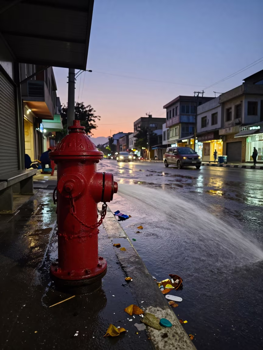 Flooded Kabul Curb at Indigo Twilight in at a tram stop in Kabul