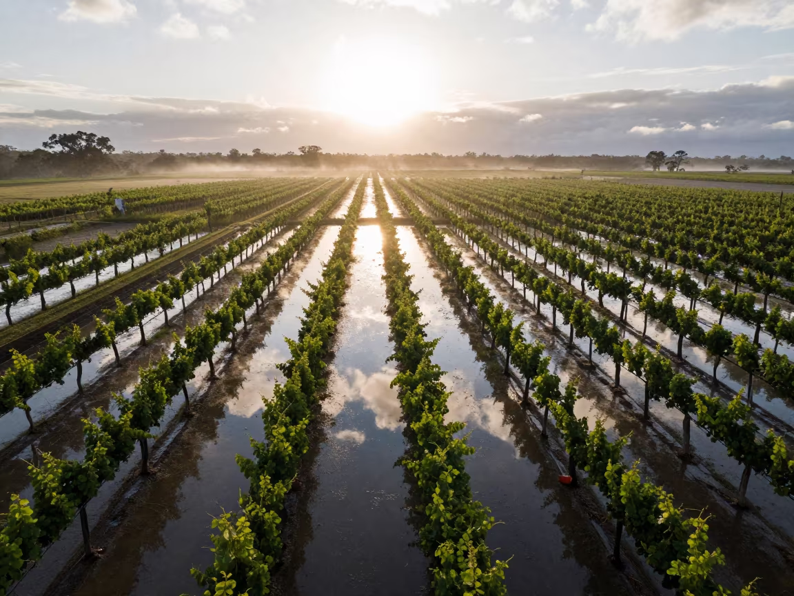 Flooded Rice Terraces Reflecting Dawn Light in between vineyard trellises in Queensland