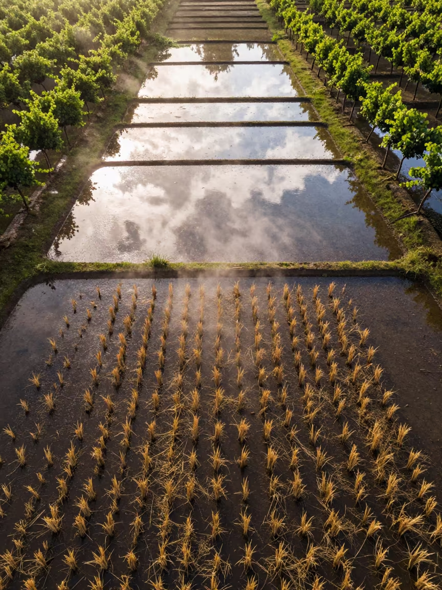 Flooded Rice Terraces Reflecting Clouds After Rain in between vineyard trellises near Havana