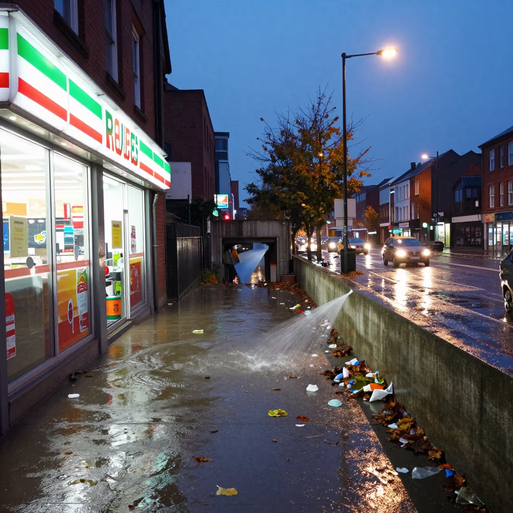 Flooded Underpass Dusk Wolverhampton Street in outside a fluorescent convenience store in Wolverhampton