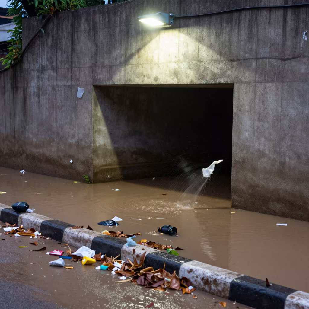 Flooded Underpass Street in Shinyanga in beneath a flickering underpass light in Shinyanga