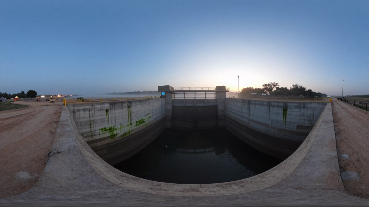 Floodgate Chamber Algae Walls Blue Hour in along a dam spillway in Gusau