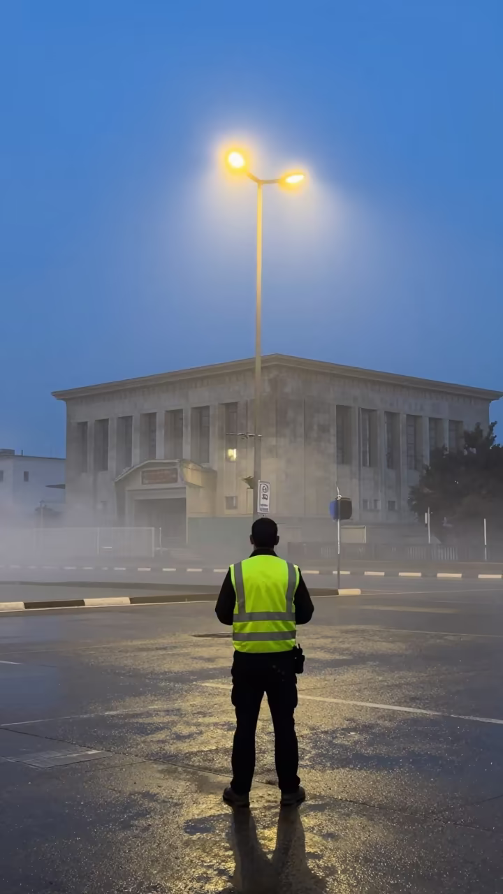 Floodlit Crossing Guard Post Under Blue Hour Fog in beneath government building floodlights near Damascus