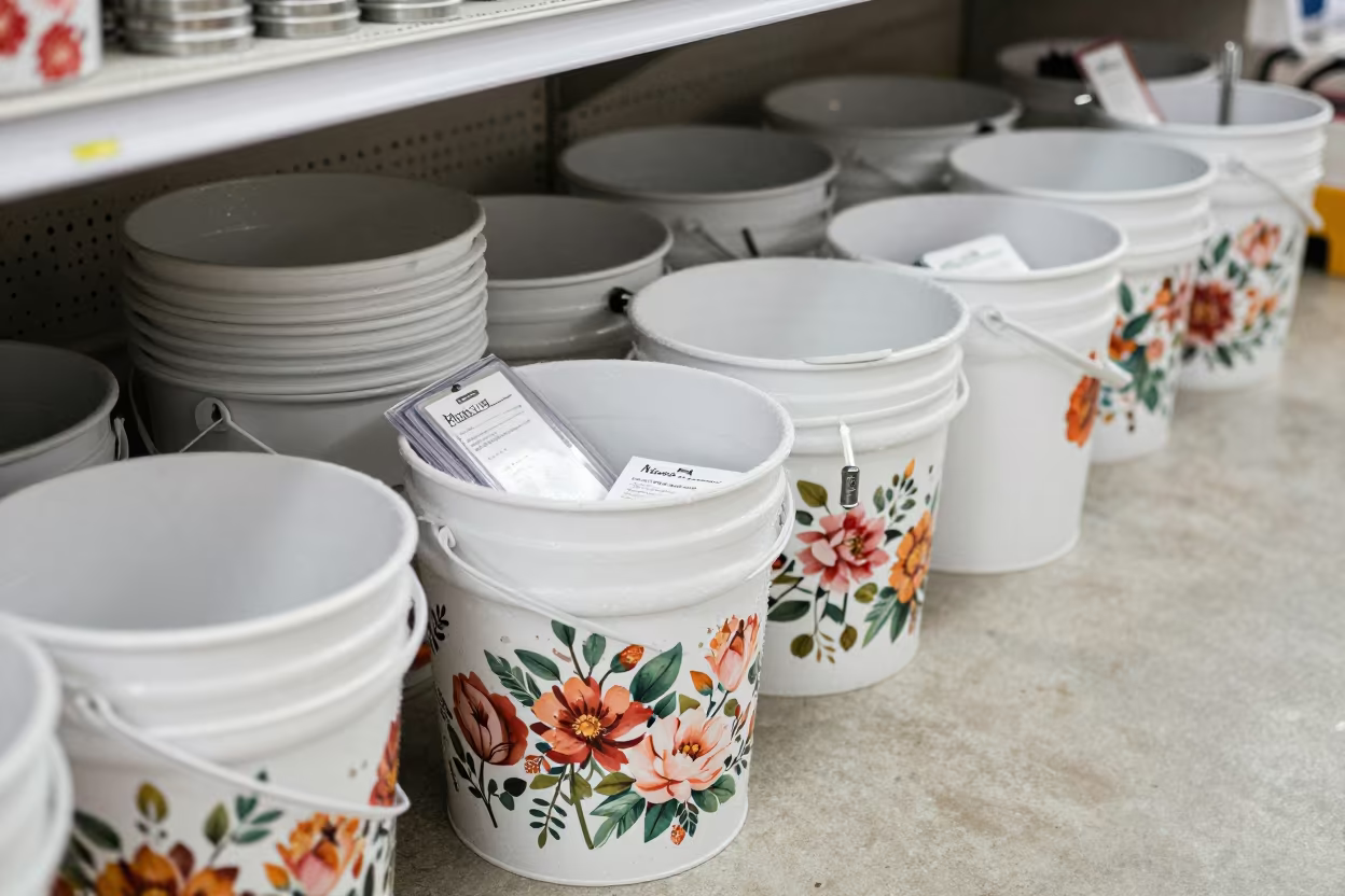 Floral Bucket Bin in Maracay Stockroom Afternoon in inside a stockroom behind the sales floor in Maracay