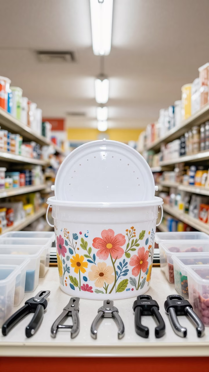 Floral Bucket Price Bin Under Retail Fluorescents in inside a storefront prepared for opening in Bonn