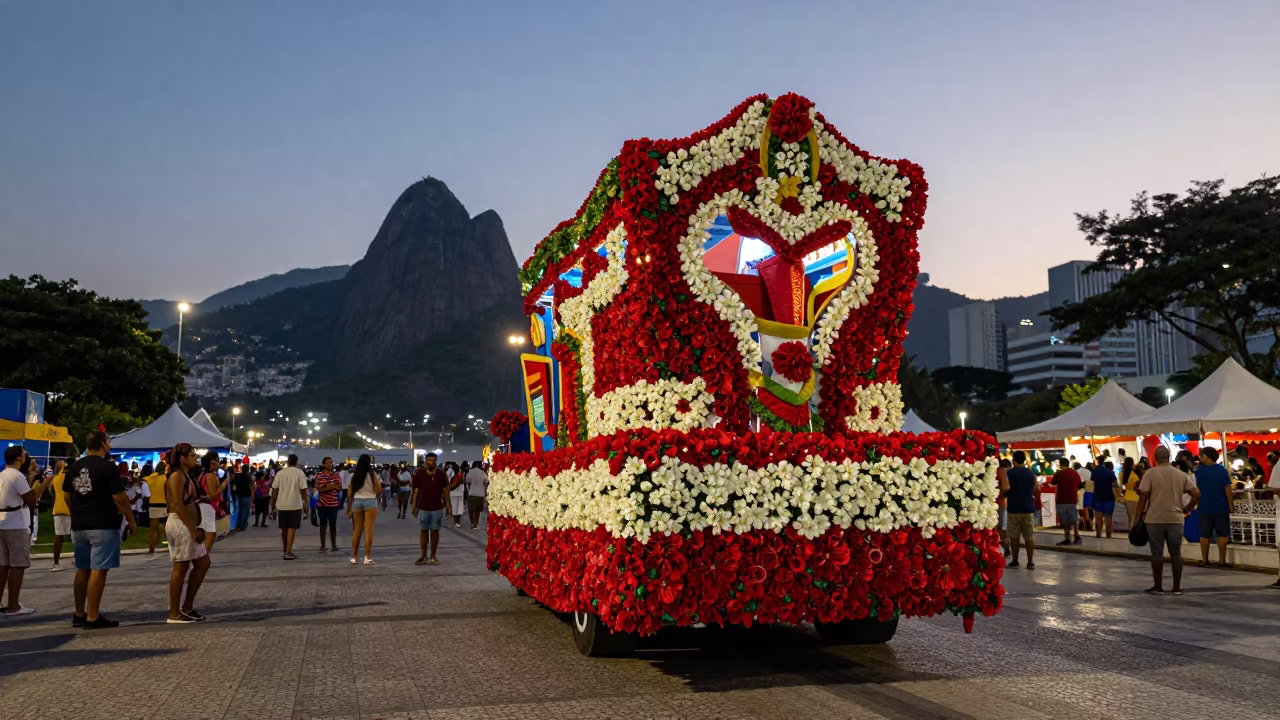 Floral Carnival Float Rio Night Shadow in at a public square during a festival in Rio de Janeiro