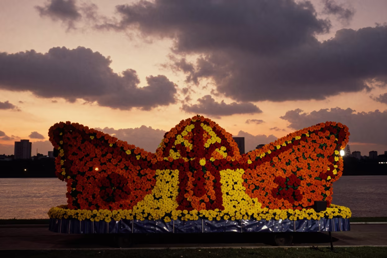 Floral Carnival Float Sunset Waterfront São Paulo in at a waterfront celebration near São Paulo
