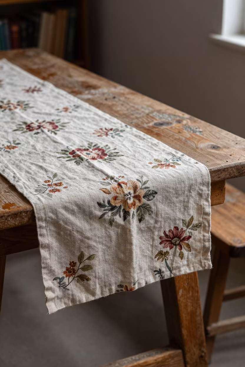 Floral Runner on Cedar Bench in Library in on a dusty library table near Houston