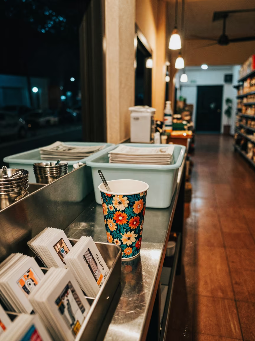 Floral Stem Stripper Cup Grocery Counter Campeche Night in inside a fitting room corridor in Campeche