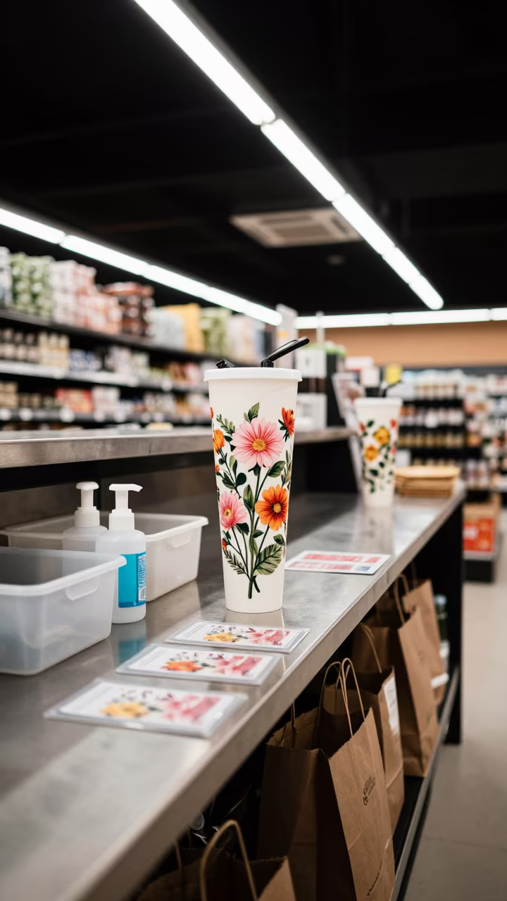 Floral Stripper Cup on Grocery Counter in inside a storefront prepared for opening in Perth
