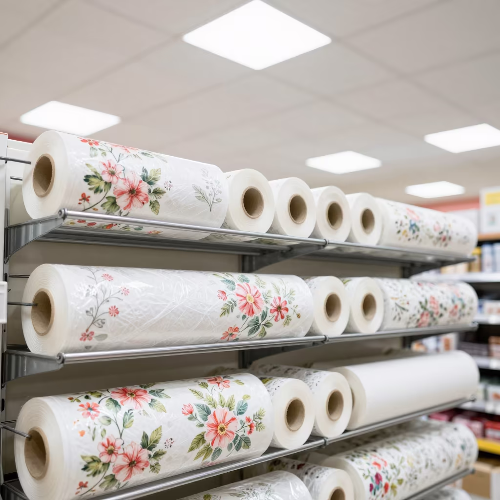 Floral Wrap Paper Rack in Riyadh Store Display in along a front-of-store display run in Riyadh
