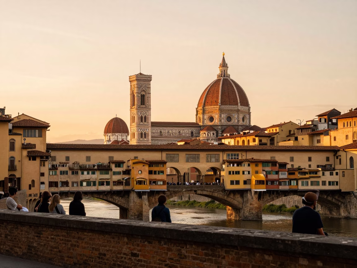 Florence Cathedral And Ponte Vecchio at Sunset Light in in Florence, Italy