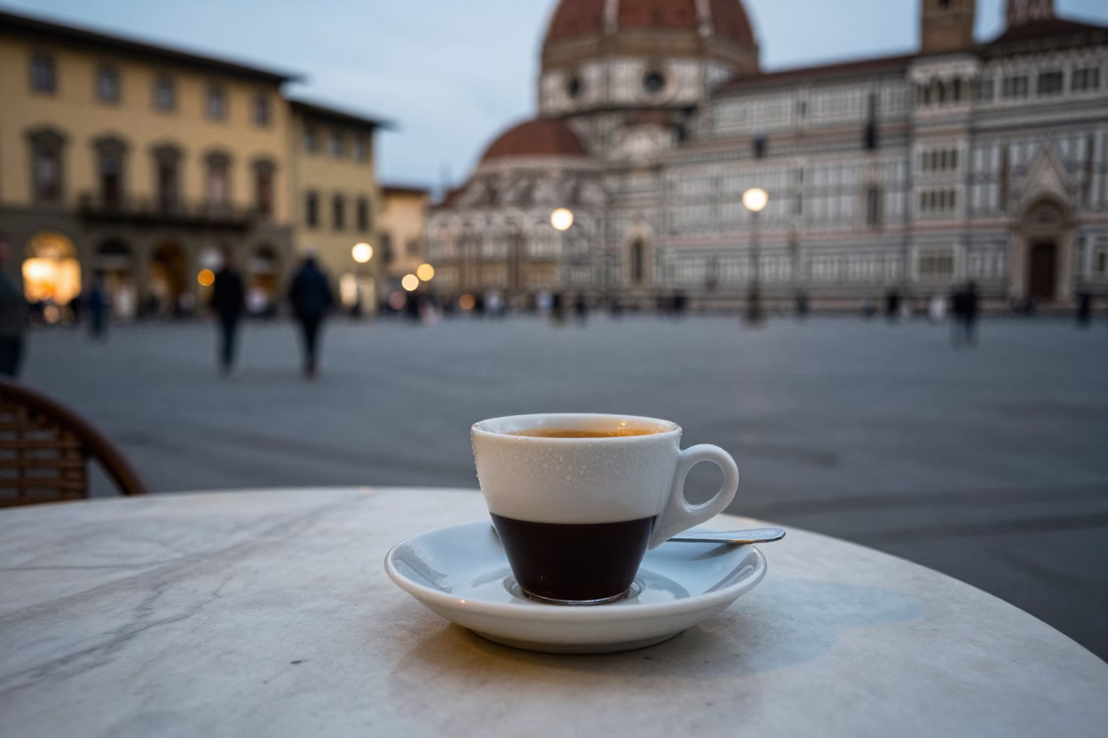 Florence Espresso Scene at As City Lights Begin To Glow in in Florence, Italy