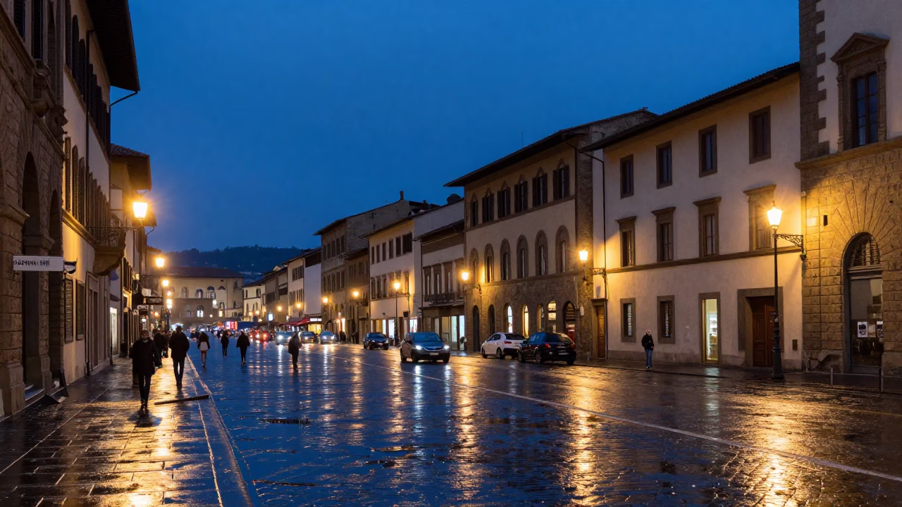 Florence Evening Blue Hour Busy Street Scene with Historic Architecture and Local Life in in Florence, Italy