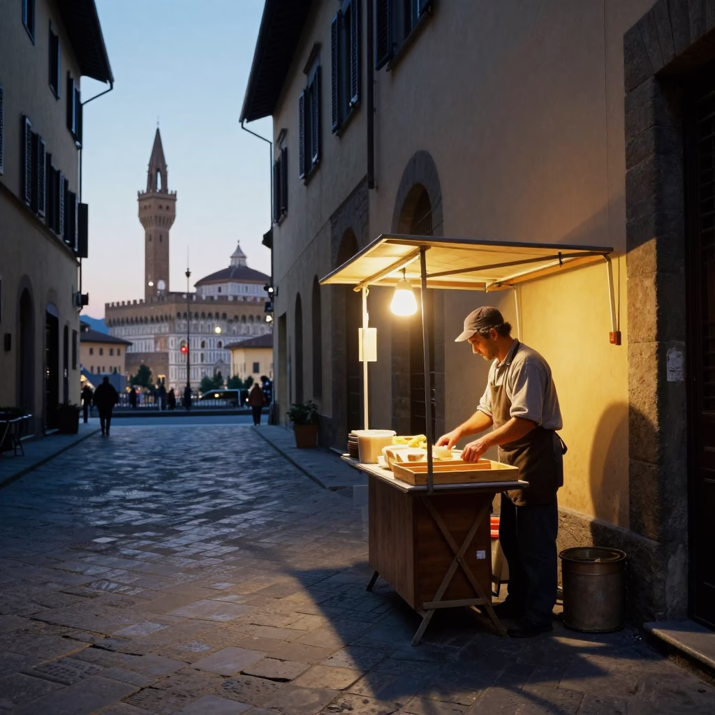 Florence Food Stall at The Still Hours Before Dawn Light in in Florence, Italy