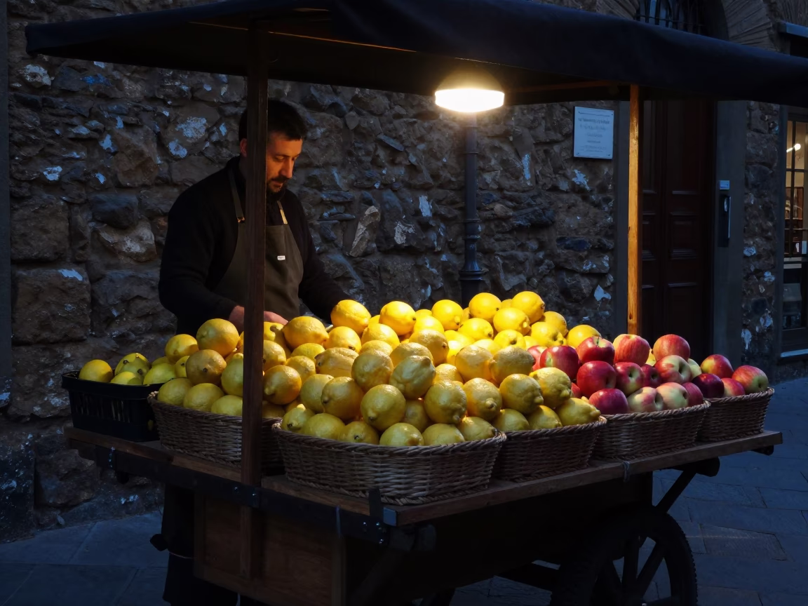Florence Fruit Stall at The Predawn Darkness Light in in Florence, Italy