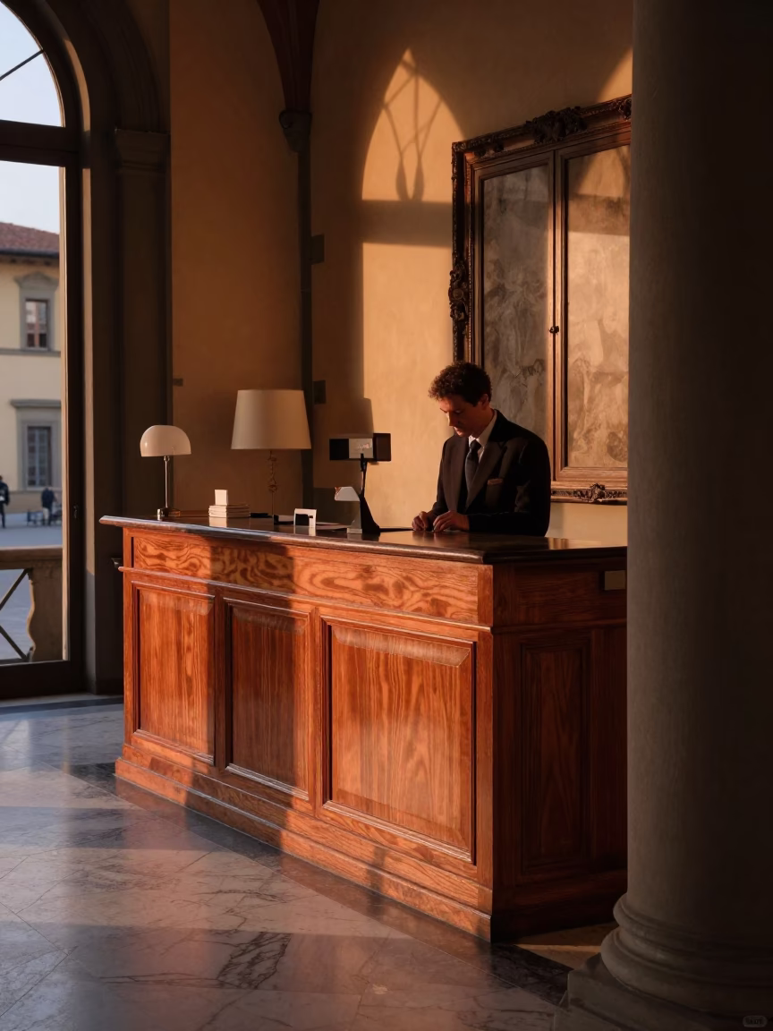 Florence Hotel Reception at Copper-toned Light Before Dusk in in Florence, Italy