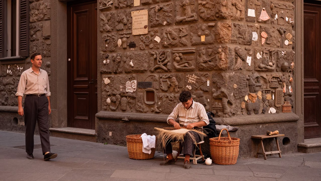 Florence Italy 1950s Street Scene with Basket Weaver and Copper Light in in Florence, Italy