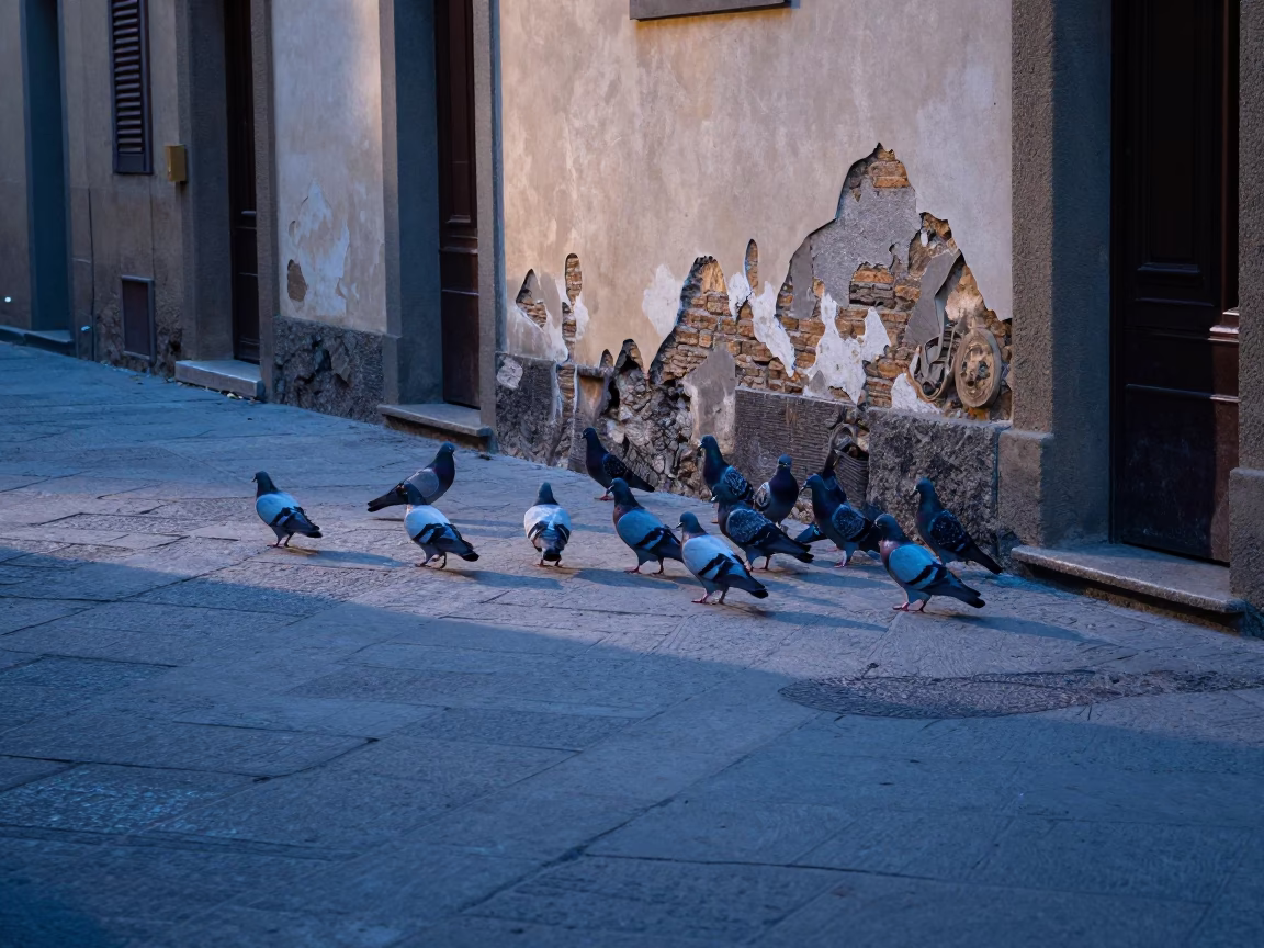 Florence Italy before sunrise street scene with pigeons and olive branch shadows in in Florence, Italy