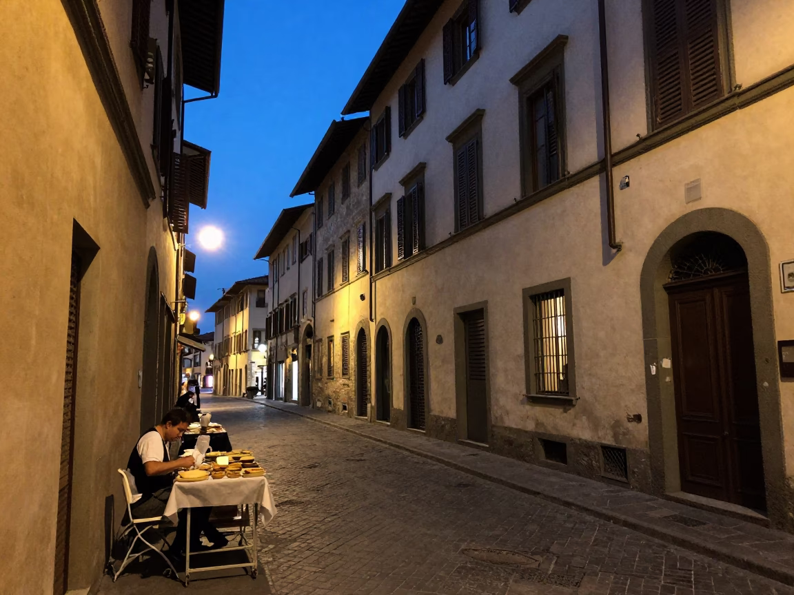 Florence Italy Blue Hour Street Scene with Local Food and Urban Architecture in in Florence, Italy