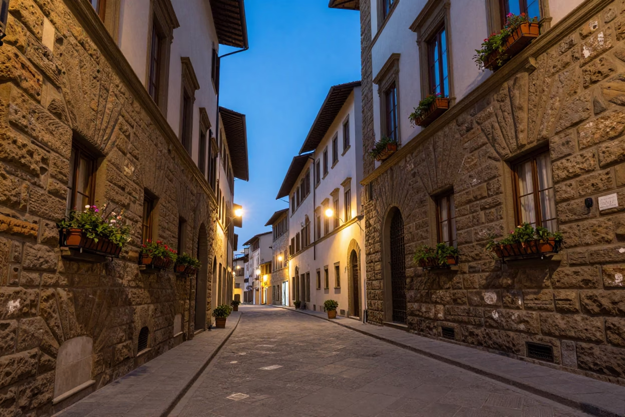 Florence Italy Blue Hour Street Scene with Window Boxes and Stone Architecture in in Florence, Italy
