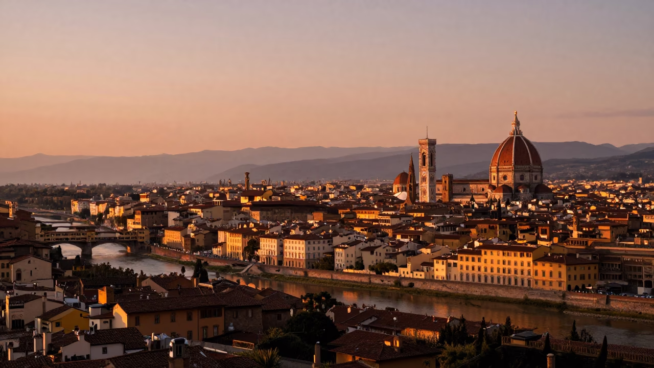 Florence Italy Copper Dusk Skyline View from Piazzale Michelangelo with Historic Stone Walls in in Florence, Italy