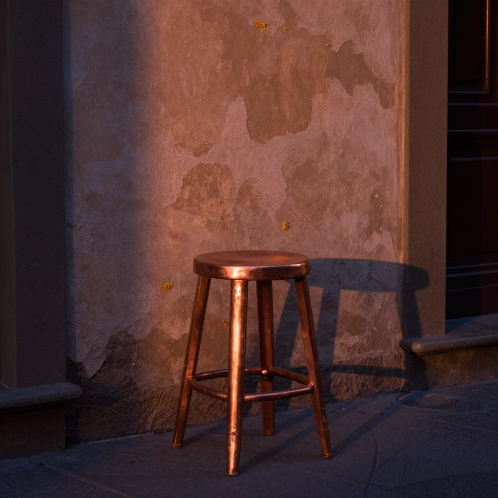 Florence Italy Copper Dusk Stool and Plaster Wall with Pollen Dust in in Florence, Italy