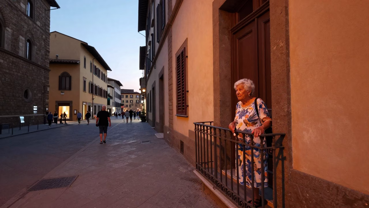 Florence Italy Copper Dusk Street Scene with Blue White Porcelain Bowl and Saucepan in in Florence, Italy