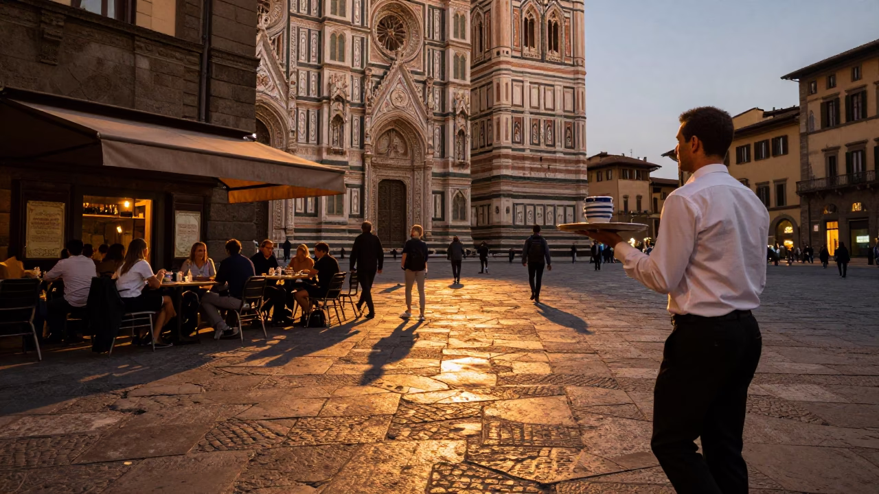 Florence Italy Copper Dusk Street Scene with Ceramic Cup and Utensil Crocks in in Florence, Italy