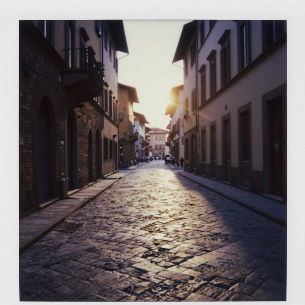 Florence Italy dawn light on Via de' Servi cobblestones with laundry and morning shadows in in Florence, Italy