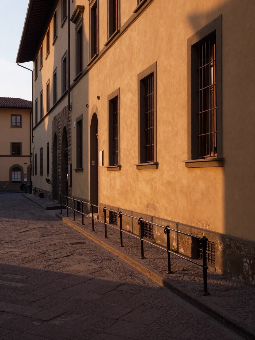 Florence Italy Dawn Street Scene with Peg Rail and Metal Bucket in in Florence, Italy
