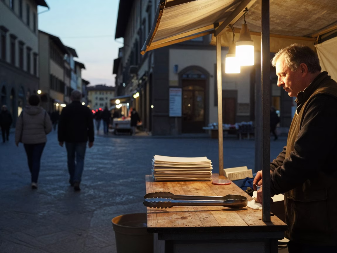 Florence Italy Early Evening Street Scene with Tongs and Local Market Activity in in Florence, Italy