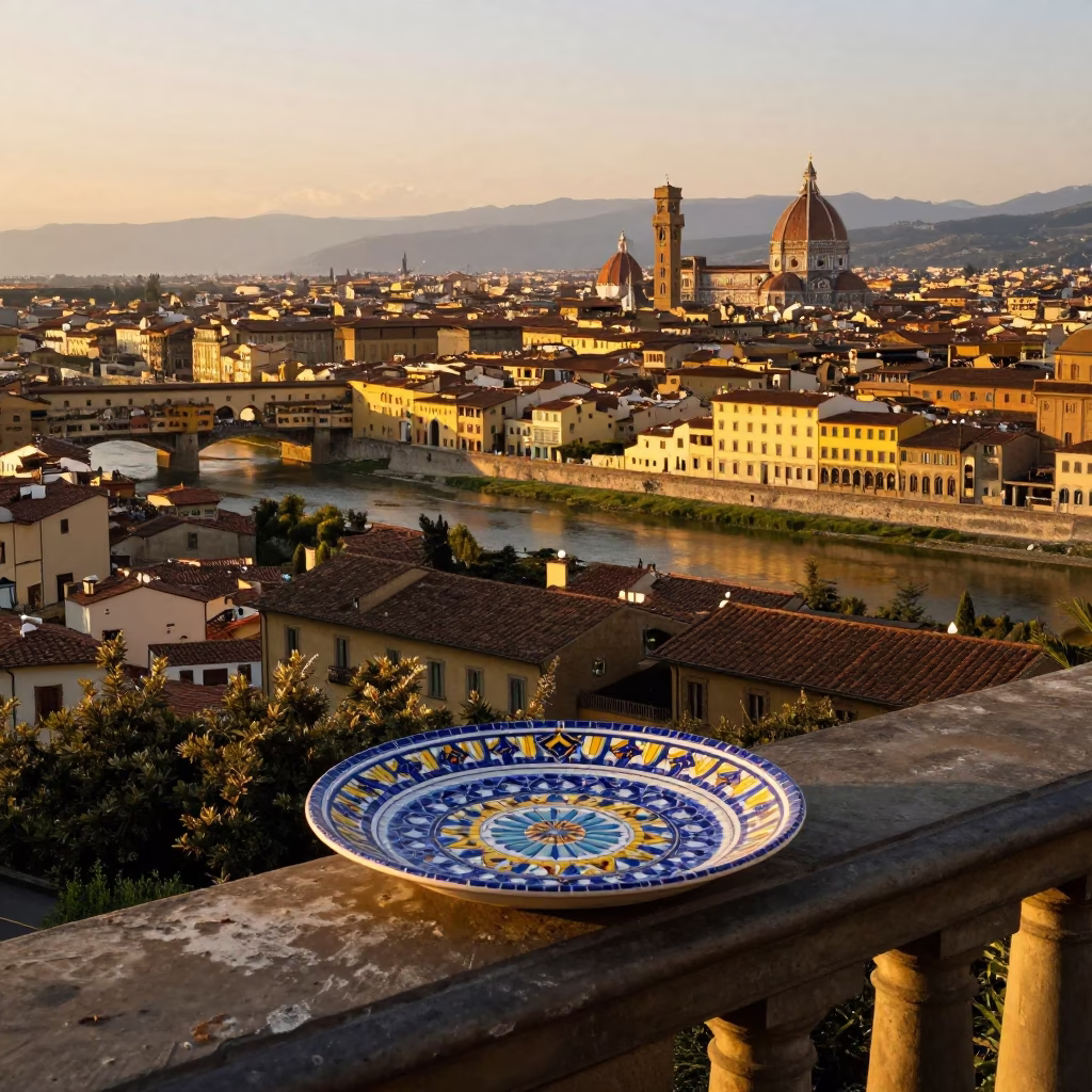 Florence Italy Evening Landscape with Vintage Majolica Plate and Local Street Scene in in Florence, Italy