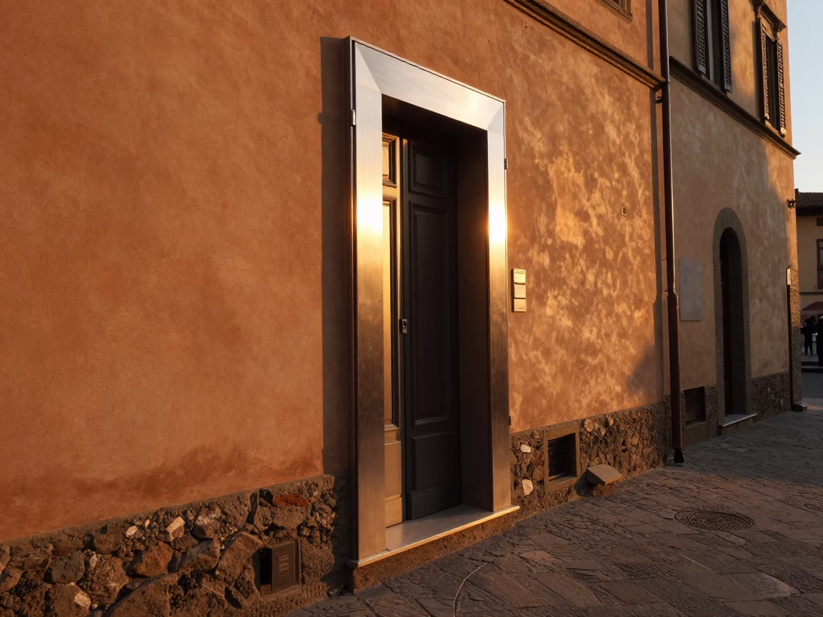 Florence Italy Evening Light Brushed Steel Doorframe and Local Street Scene in in Florence, Italy