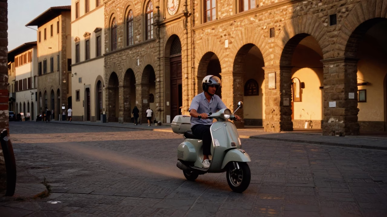 Florence Italy Evening Scooter Weaving Through Historic Old Town Streets in in Florence, Italy